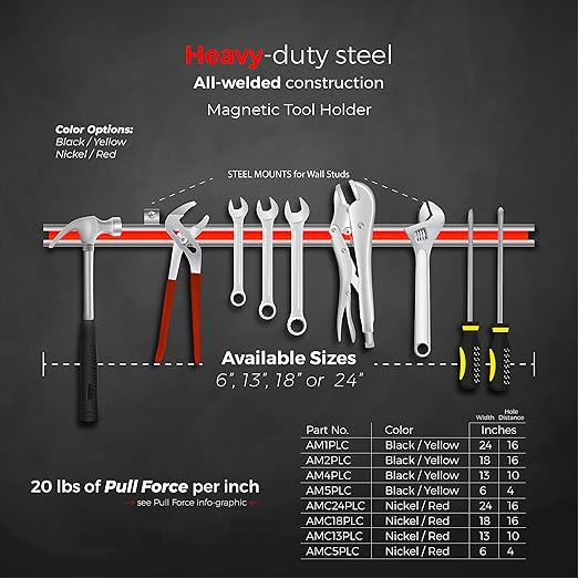 Master Magnetics 13" Magnetic Bar Tool Organizer - Easy to Install Magnet Storage Holder for House, Garage, Shed, or Job Site - Nickel Plate Finish