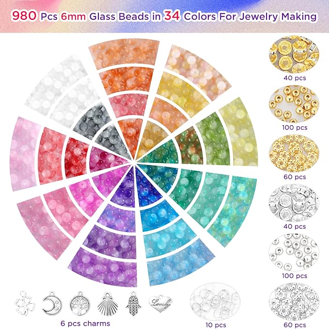 Funtopia 6mm Glass Beads Bracelet Making Kit, 34 Colors Round Crystal Beads - Image 2