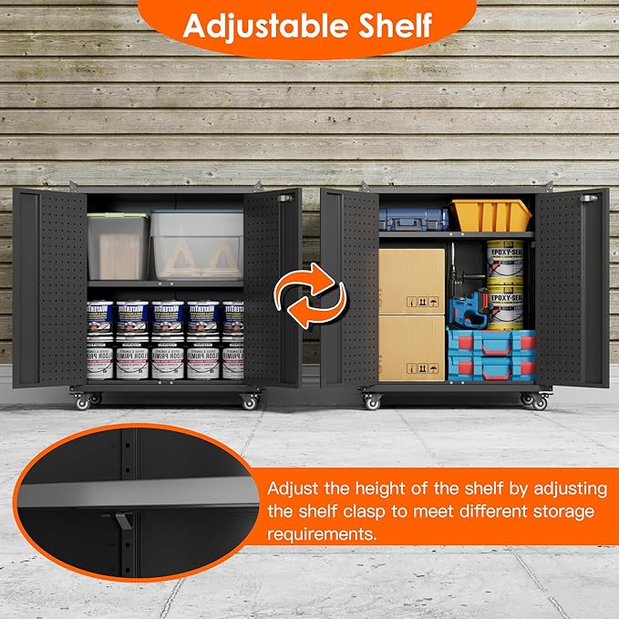 34.3" H*13.8" D*26" W Metal Garage Storage Cabinet on Wheels, Steel Rolling Tool Cabinet with Doors,Pegboard and Adjustable Shelf for Home Office Garage, Assembly Required,Black