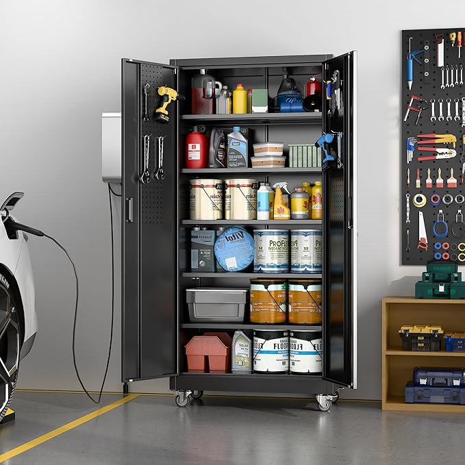 Aobabo Upgrade 71H''*34''W*18''D Metal Garage Storage Cabinet with Wheels and Pegboards, 5 Adjustable Shelves Steel Storage Cabinets for Home,Warehouse,Garage,Assembly Required,Black