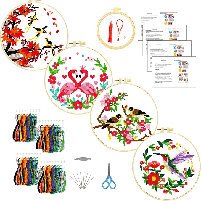 Zhenqing 4 Bird Circle Cross Stitch Kit 11CT Pre-Printed Floral Bird Embroidery - Image 11