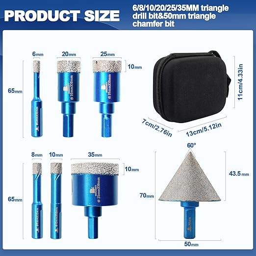 Tile Hole Saw Kit - BRSCHNITT Diamond Core Drill Bit Set 6/8/10/20/25/35mmDrill Bit &2" Diamond Chamfer Bit for Porcelain Tile Ceramic Marble Granite
