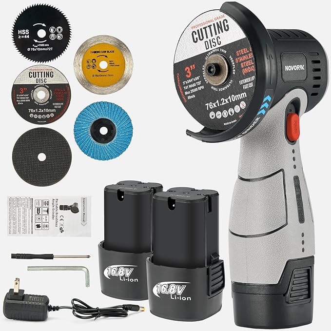 Brushless Angle Grinder Tool, Cordless Mini Angle Grinder Brushed with 2pcs 16.8V 2000mAh Battery 5-Cutting Discs, Power Angle Grinder for Wood Metal Stone Concrete