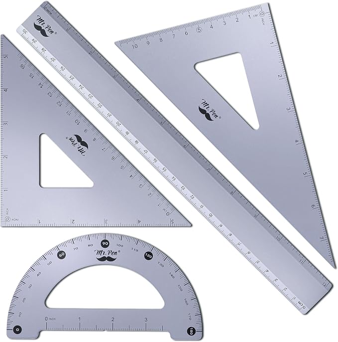 Mr. Pen- Metal Geometry Kit, 4 Pack, 45° & 30°/60° Set Squares | 6" Protractor by MrPen