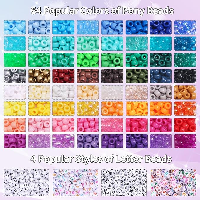 QUEFE Pony Beads for Bracelet Making Kit 64 Colors, Letter Beads and Elastic - Image 3