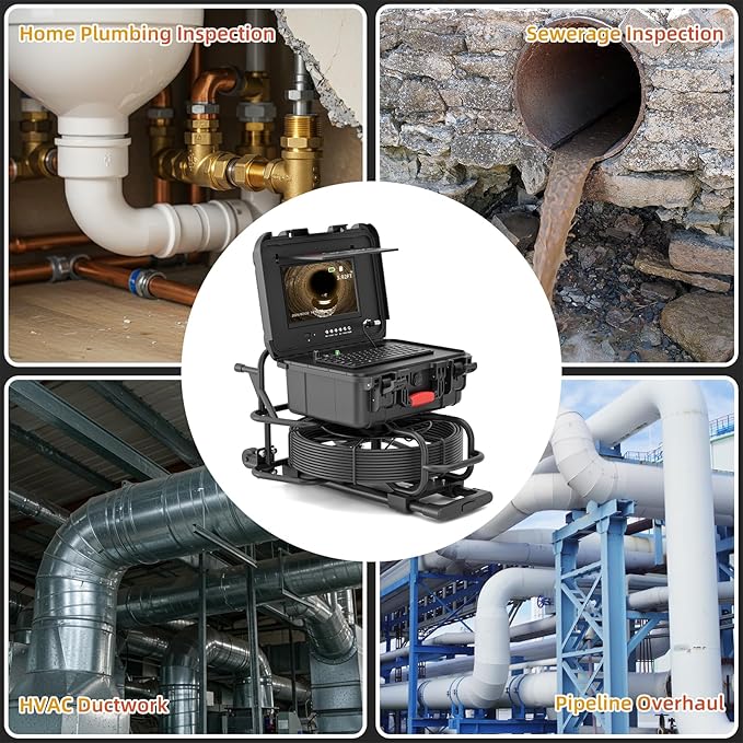 Sanyipace Sewer Camera 165FT/50M with Wheels and Retractable Handle, Self-Leveling, Support 512Hz Locator, Meter Counter, Video Audio Record, Speaker, Keyboard Input, 5x Zoom, 10" HD Screen, 7mm Cable