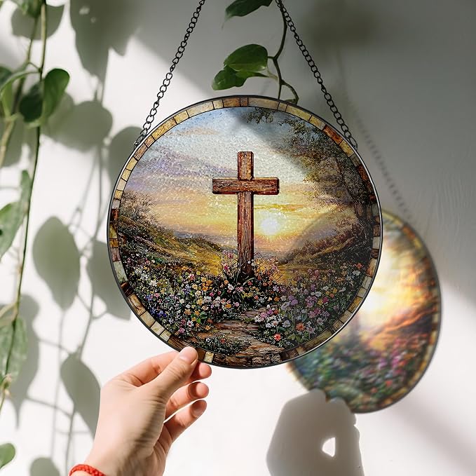 8 Inches Cross Sunset Stained Glass Suncatcher, Christmas Ornament, Window - Image 3