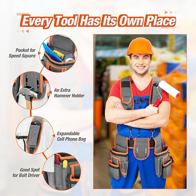 Tool Belt with Suspenders, Heavy-Duty 24-Pocket Work Belt for Electrician, Carpenter, Construction, Detachable & Adjustable Tool Pouch Bag for Men -Fits Waists 33"-48"