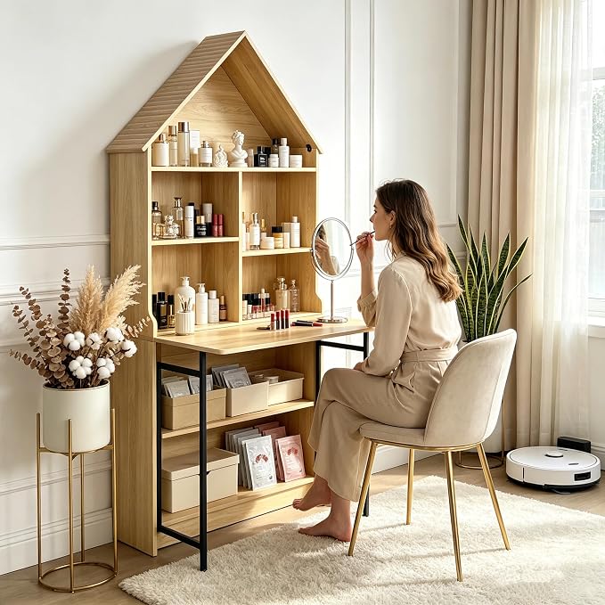 FNK Folding Desk with Storage Shelves, Narrow Foldable Desk | Convertible - Image 5