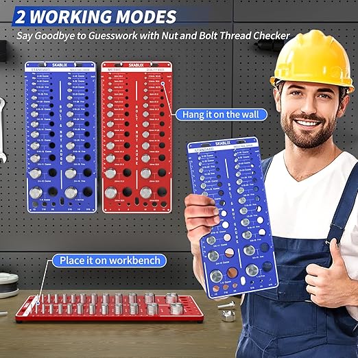 64 Nut and Bolt Thread Checker - 26 Standard and 26 Metric Bolt Checker and 12 Drill Bit Gauges, Bolt Size and Thread Gauge, Bolt Size Finder, Wall-Mountable Bolt and Nut Identifier Gauge