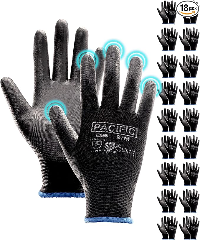 PACIFIC PPE Work Gloves PU Coated-18 Pairs, Touchscreen Working Gloves for Men and Women, Mechanic Gloves, Lightweight, Black, Medium