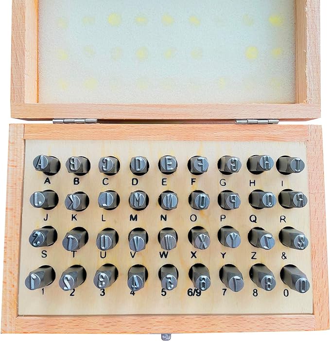 HimaPro Letter and Number Stamp Set 36pcs 40Cr Alloy Steel Metal Stamp Number & Letter Punch Set in a Wooden case (4mm 5/32 Inch)