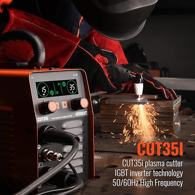 Plasma Cutter, 35Amps HEROCUT Plasma Cutter Machine CUT35i, Screen Display 110V High-Frequency IGBT Inverter Technology Post Flow and 2T/4T, Max Cutting Thickness 10mm for Beginners DIY