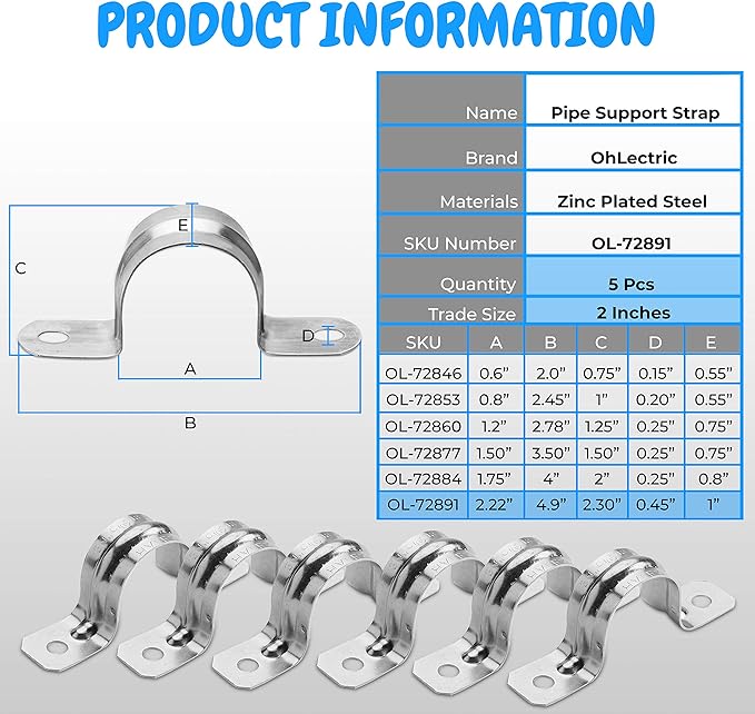 OHLECTRIC Heavy Duty Pipe Strap (5 Pack - 2 Inch) Zinc Plated Steel Conduit Clamps, 2 Hole Steel EMT Pipe Strap U Bracket, Zinc Coated Tension Tube Clip, Metal Pipe Clamp for EMT Conduits