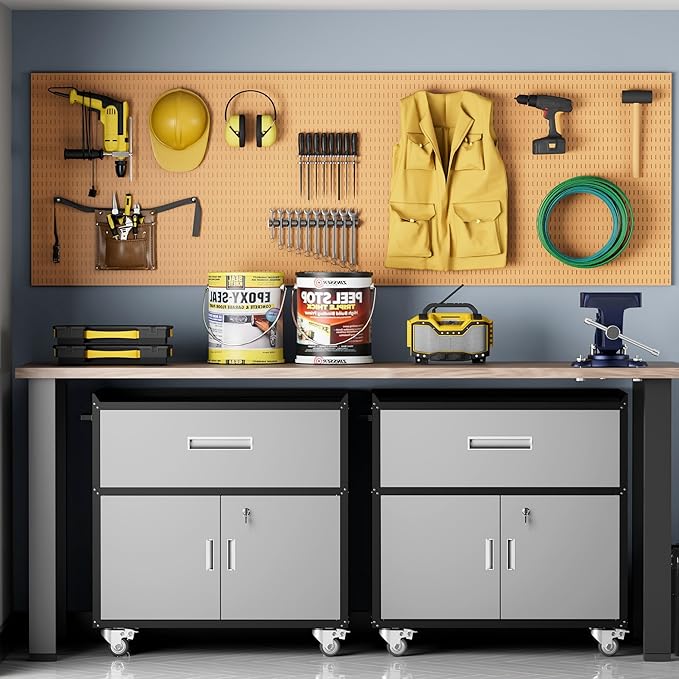 Metal Garage Storage Cabinet with Wheels, Lockable Rolling Tool Chest with Wheels, Tool Cabinet on Wheels, Utility Cabinet for Home, Office, Garage and Workshop, Black & Gray
