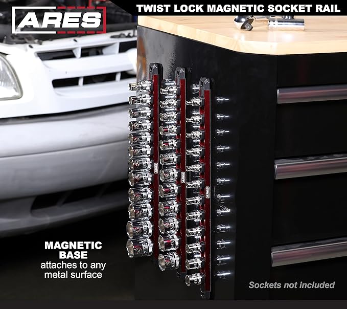 ARES 60169 – 3/8-Inch Drive 15.5-Inch Red Twist Lock Magnetic Socket Rail - Store up to 12 Metric or SAE Sockets and Keep Your Tool Box Organized – Magnetic Base for Easy Socket Organization