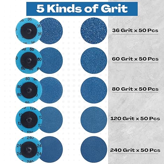 Chumia 250 Pcs Mix Roll Lock Discs Set 36 60 80 120 240 Grit 2 Inch Sanding Discs Die Grinder Accessories Aluminum Oxide Surface Conditioning for Surface Prep Polish Burr Paint Removal(Blue)