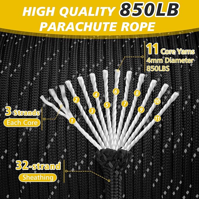 Reflective Paracord Rope 850Ib, 50/100/200/500/1000ft 4MM 11 Strand para Cords Lanyard Utility Parachute Cord for Tent Camping Hiking Fishing Survival Tactical DIY Projects, Black 1000FT