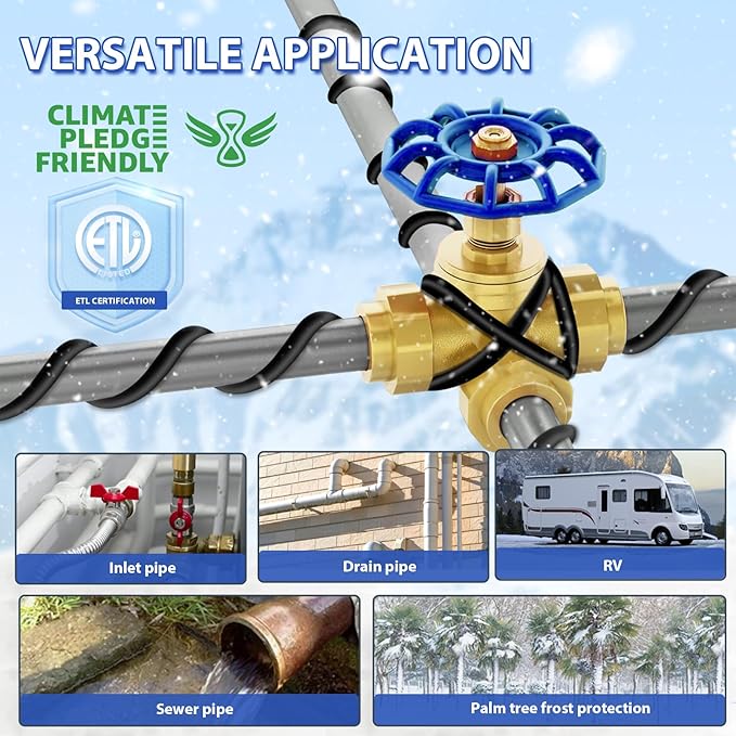 120V 18FT Self-Regulating Pre-assembled Water Pipe Heat Cable for Pipe Freeze Protection, Energy-Saving Pipe Heating Cable Keeps Water Flowing at -40°F