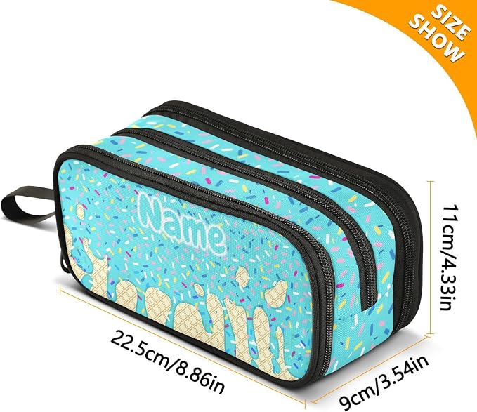 Custom Teal Blue Ice Cream Print Pencil Case Box Boys Girls Personalized Name - Image 7