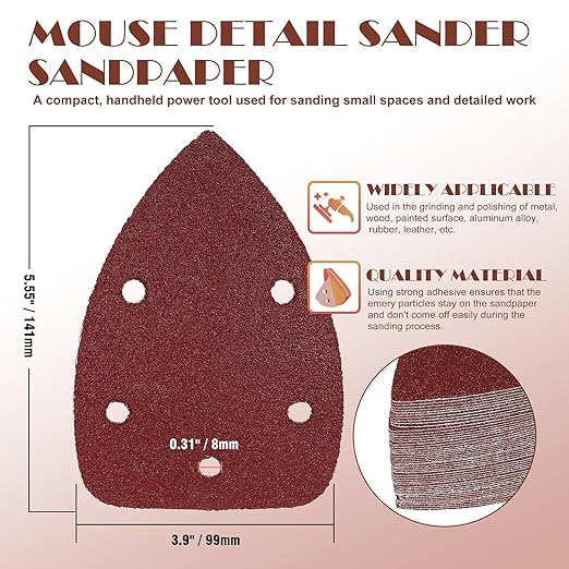 80 Grit Mouse Sander Sandpaper, Jamiikury 5 Hole Detail Sander Sandpaper Palm Sander Paper Mouse Sanding Pads Hook and Loop Sanding Sheets - Pack of 50