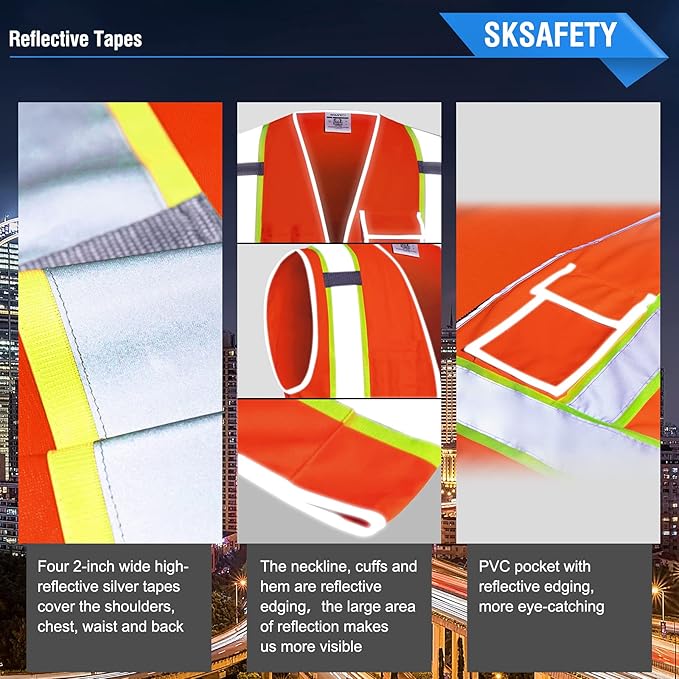 SKSAFETY 10 Pockets Safety Vest, Class 2 High Visibility Security with Zipper, Hi Vis Vest with Reflective Strips, ANSI/ISEA Standard, Construction Work Vest for Men ＆ Women （Orange, XL）