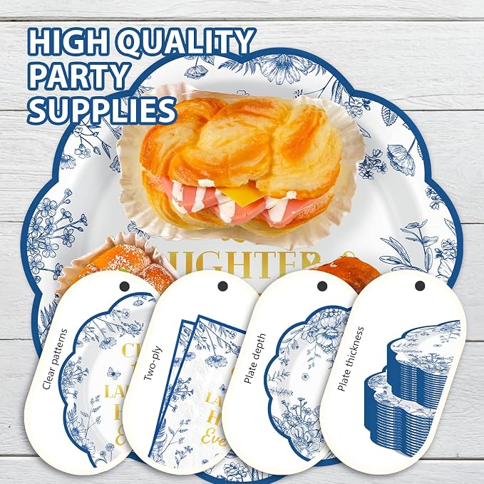 168Pcs Blue Floral Plates Blue Toile Scalloped Plates and Napkins Serves 24 | - Image 3