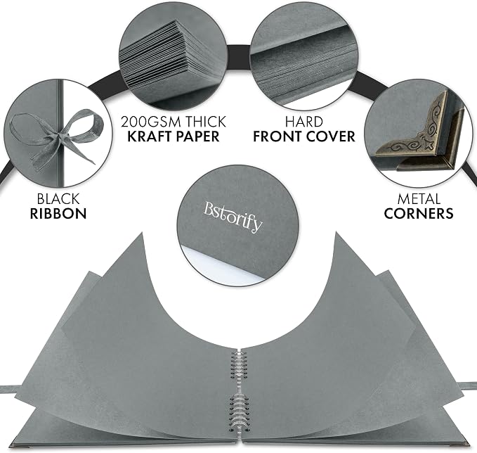 Bstorify 10 x 10 Inches Scrapbook Album 70 Pages Grey Thick Kraft Paper Corner - Image 3