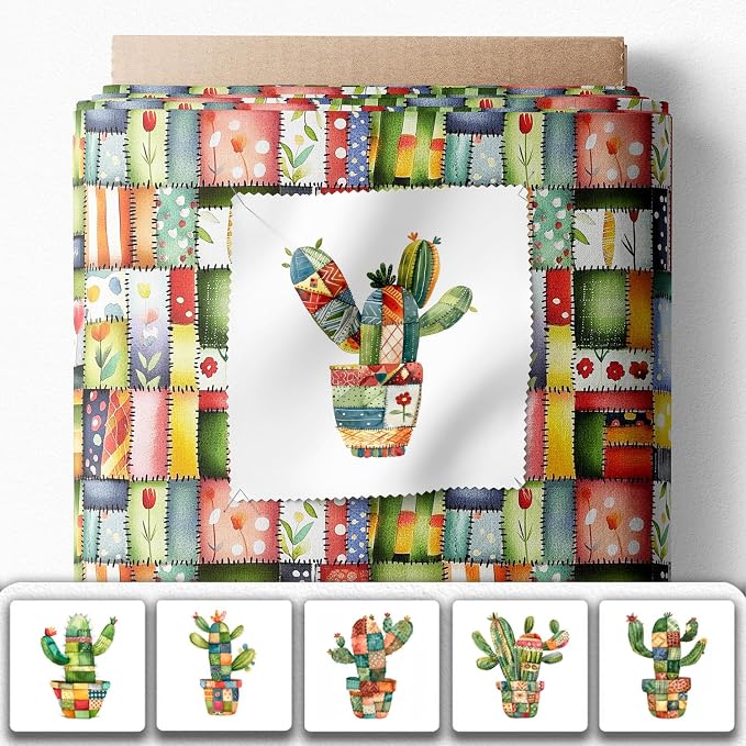 Patchwork Cactus Cotton Fabric Panel – Six 10×10 inch Designs + Bonus 29.5×19.6 - Image 2