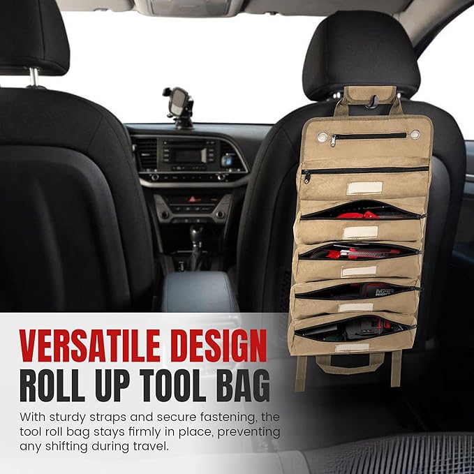 Tool Roll Bag Organizer with Magnetic Plate – Heavy Duty Polyester, Ideal Gifts For Men, Portable Tool Roll Up Bag with 5 Large Pouches & 4 Tool Strap – Khaki (26 Inches)