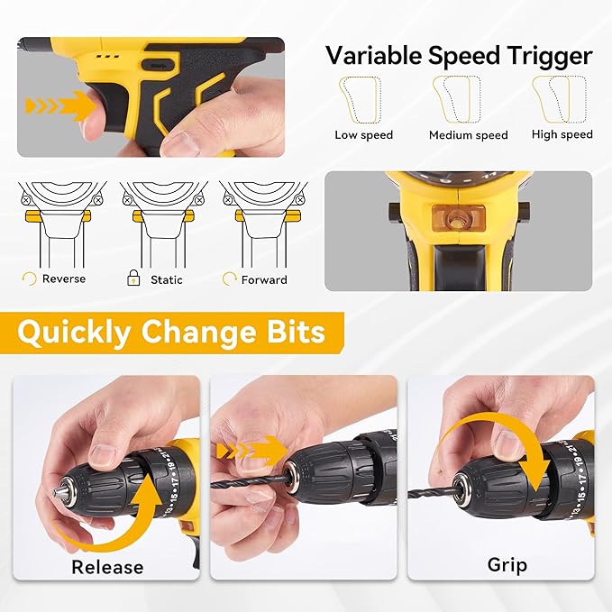 21V Power Drill Set with LED Digital Display, 118PCS Cordless Drill Kit with 2 x 2.0Ah Battery, Tool Set with Electric Drill, 0-1600RMP, Power Tool Kit for Men Women Office Repair Maintain