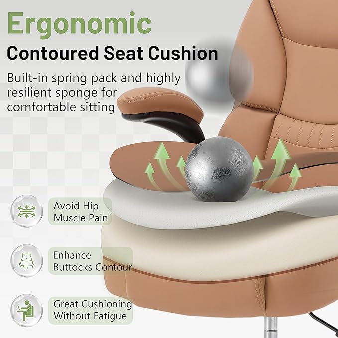 500LBS Drafting Chair, High Back Safer Standing Desk Chair, Executive Tall Office Chair with Flip-up Armrests, Upholstered PU Leather Task Chair, Ergonomic Seat with Adjustable Height&Foot Ring, Brown