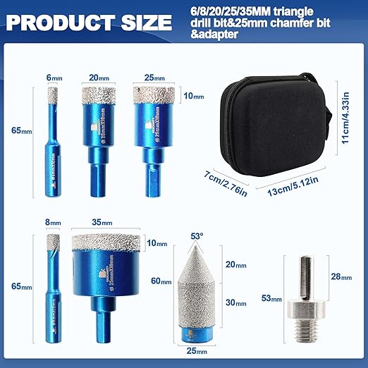 Tile Hole Saw Kit - BRSCHNITT Diamond Core Drill Bit Set 6/8/20/25/35mm Drill Bit &1 3/8" Diamond Chamfer Bit for Porcelain Tile Ceramic Marble Granite & Adapter