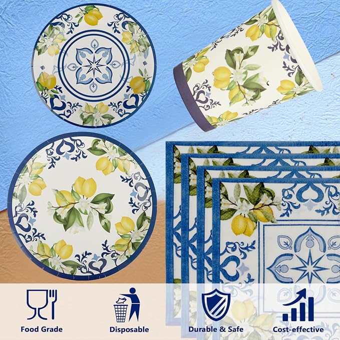 250 PCS Capri Lemon Party Tableware Supplies, Disposable Blue Paper Plates Cups - Image 4