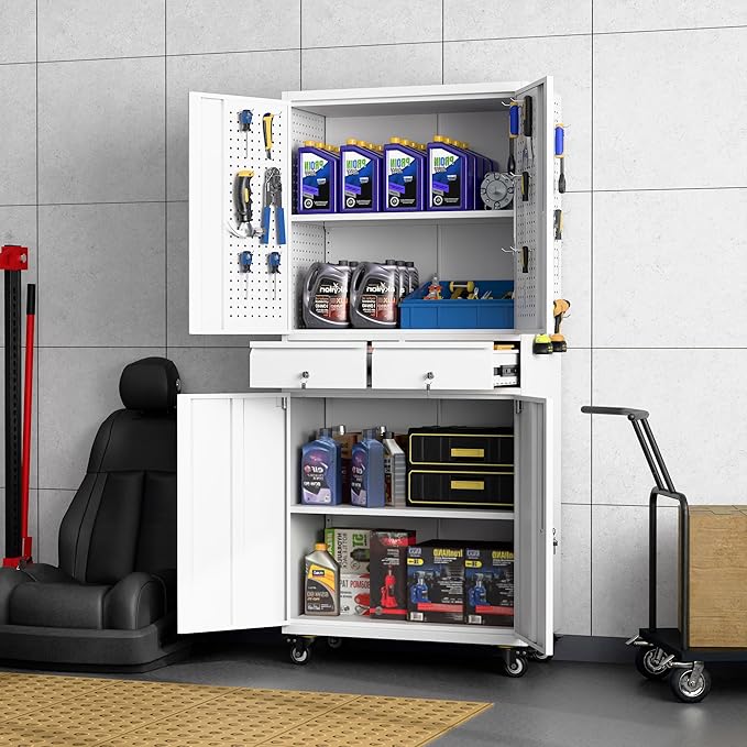 71" H Metal Garage Storage Cabinet with Wheels and Doors,Rolling Tool Cabinet with Pegboard and 2 Lockable Drawer for Garage Warehouse Home,Required Assembly,White