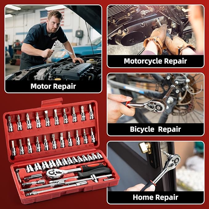 Socket Set, 46 PCS 1/4 Inch Drive Socket Wrench Set, Ratchet Wreches Set with Bit Socket Set Metric & Extension Bar for Auto Repairing and Household, with Storage case