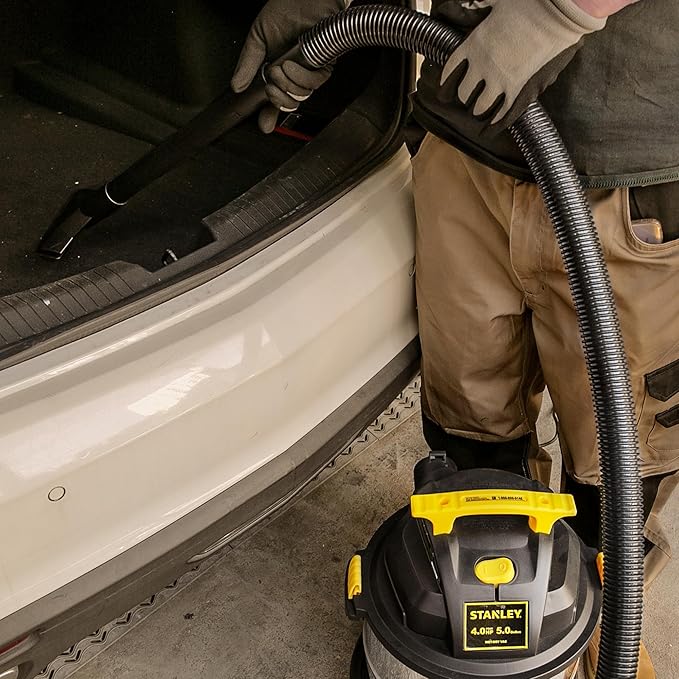 STANLEY Wet Dry Vac, 5 Gallon Portable Shop Vacuum Wet/Dry, 4 Horsepower, Stainless Steel Tank, 4.0 HP, Silver+Yellow, SL18115