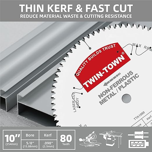 TWIN-TOWN 10-Inch 80 Tooth TCG Aluminum Cutting Saw Blade for Miter/Table Saws - Precision Circular Saw Blades for Aluminum, Plastics, Non-Ferrous Metals with 5/8" Arbor
