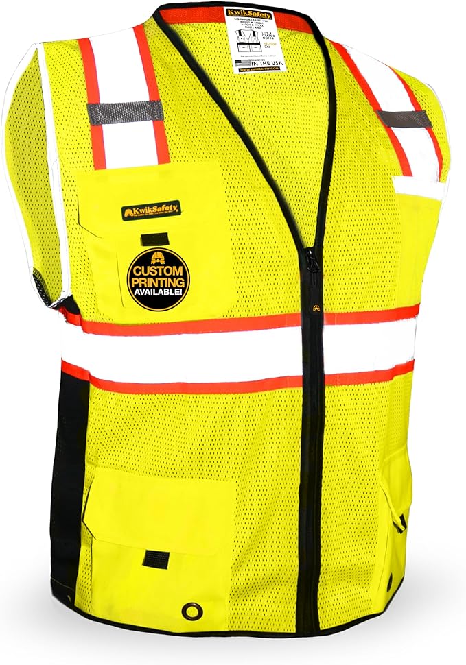 KwikSafety - Charlotte, NC - BIG KAHUNA Safety Vest [11 Pockets] Class 2 ANSI OSHA Reflective Vest Durable High Visibility Vest Construction Safety Vest for Men Industrial Work Gear/Yellow Small