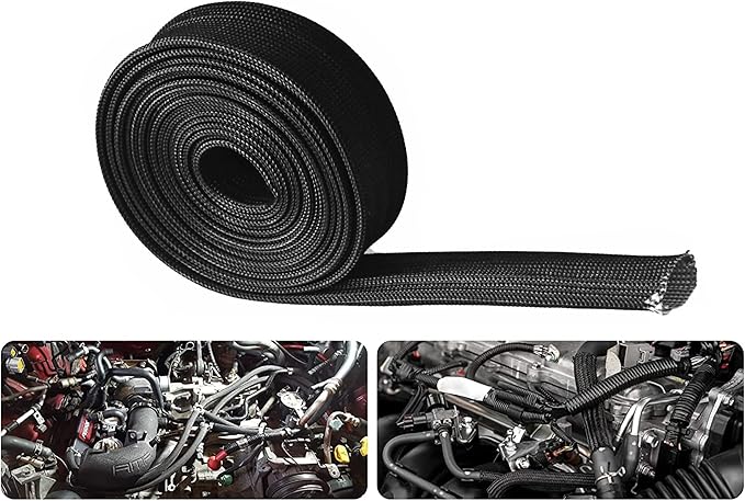 Fiberglass Hose Heat Shield Sleeve Spark Plug Wire Heat Protector Boots Auto Hose Roll 2500 Degree for Car&Auto Wire Loom Brake Line Cable (Black 1/2" IDX10')