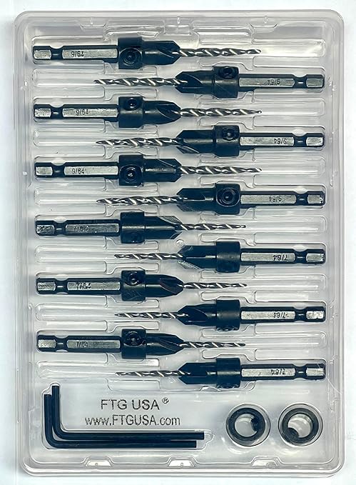 FTG USA Countersink Drill Bit Set for Wood with Tapered Drill Bit 6 Pc #4 (7/64"), 6 Pc #6 (9/64")