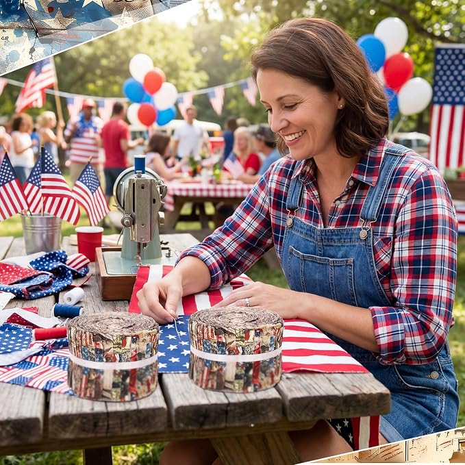 Hosuly 40 Pcs Vintage Patriotic Quilting Fabric Roll Red White Blue Americana - Image 3