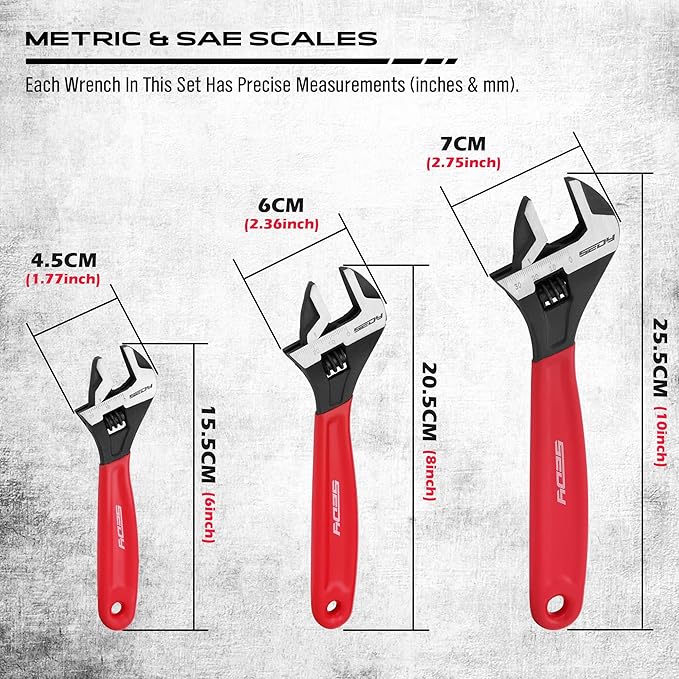Adjustable Wrench Set Pipe Spanner: 6" 8" 10" Wide Jaw Black Oxide Wrench With Cushion Grip, Laser Marked Metric & SAE Scales, CR-V Steel for Professional