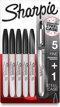 Sharpie Permanent Markers with Stainless Steel Marker Case Fine Point Black 6 by Unknown