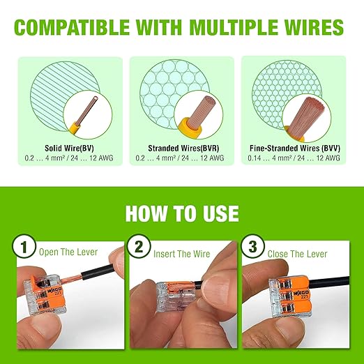 WAGO 221 Series 35pc Compact Splicing Wire Connectors | Includes (10x 221-2401), (10x 221-412), (10x 221-413), (5X 221-415) | WAGO Wire Connectors | 221 Straight Inline Splice | Electrical Lever Nuts