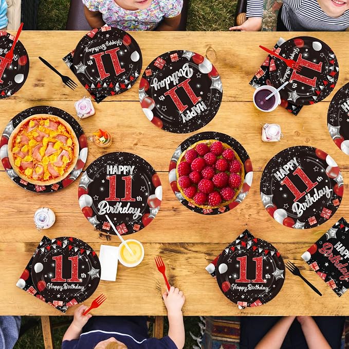 96Pcs Red and Black Party Decorations Happy 11th Birthday Plates and Napkins - Image 7