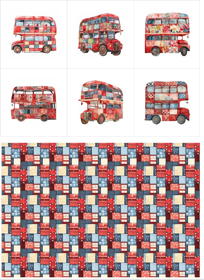 Patchwork Double-Decker Bus Cotton Fabric Panel – 6 Designs + Bonus Sheet by FabricsTown
