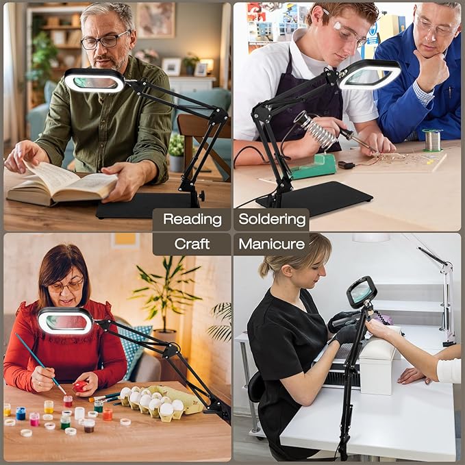 10X Square Magnifying Glass with Light and Stand, Real Glass Lighted Magnifier Hands Free, 5 Color Modes, Brightness Stepless Dimming, 2-in-1 Desk Lamp with Clamp for Close Work, Craft, Hobby, Reading