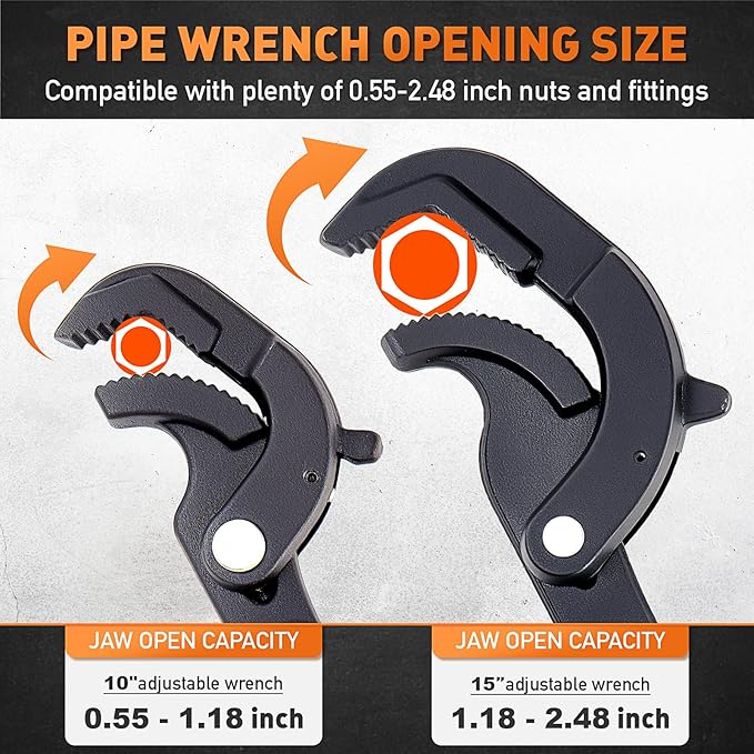 HORUSDY Heavy Duty Pipe Wrench Set, 10” and 15” Self-Adjusting Pipe Wrenches for Plumbing and HVAC, 2-Piece Pipe Vise Tool Kit for Standard and Irregular Nuts, Pipes, Fixtures – Pipe Wrench Set