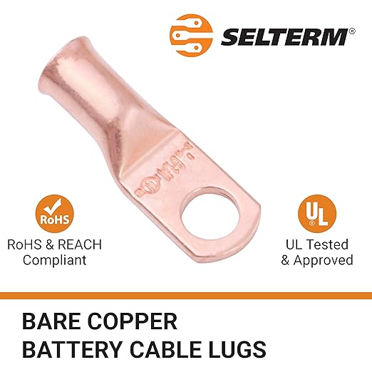 SELTERM 2pcs 6 AWG 1/4" Stud Copper Wire Lugs, Battery Lugs, Ring Terminals, Battery Cable Ends, 6 Gauge Ring Terminal Connectors, UL Heavy Duty Bare Copper Eyelets Battery Terminal Connectors
